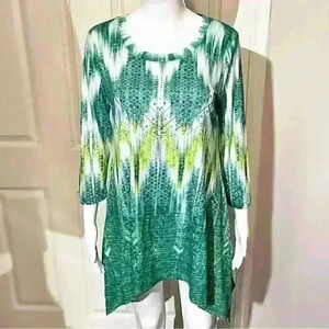 One World Womens 3/4 Sleeve Tunic Top Embellished Green Blouse Small